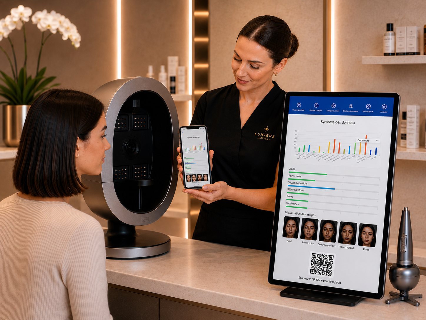 Cliente consultant son rapport LUNASKIN sur son smartphone via QR Code